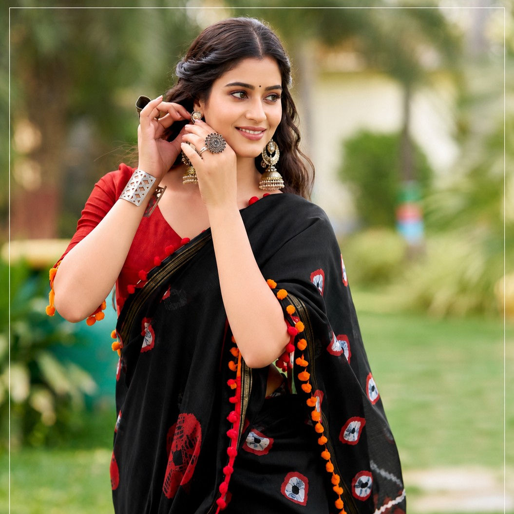 Mulmul Cotton Ready to Wear Saree with Unique Prints & Colorful Pompom Lace