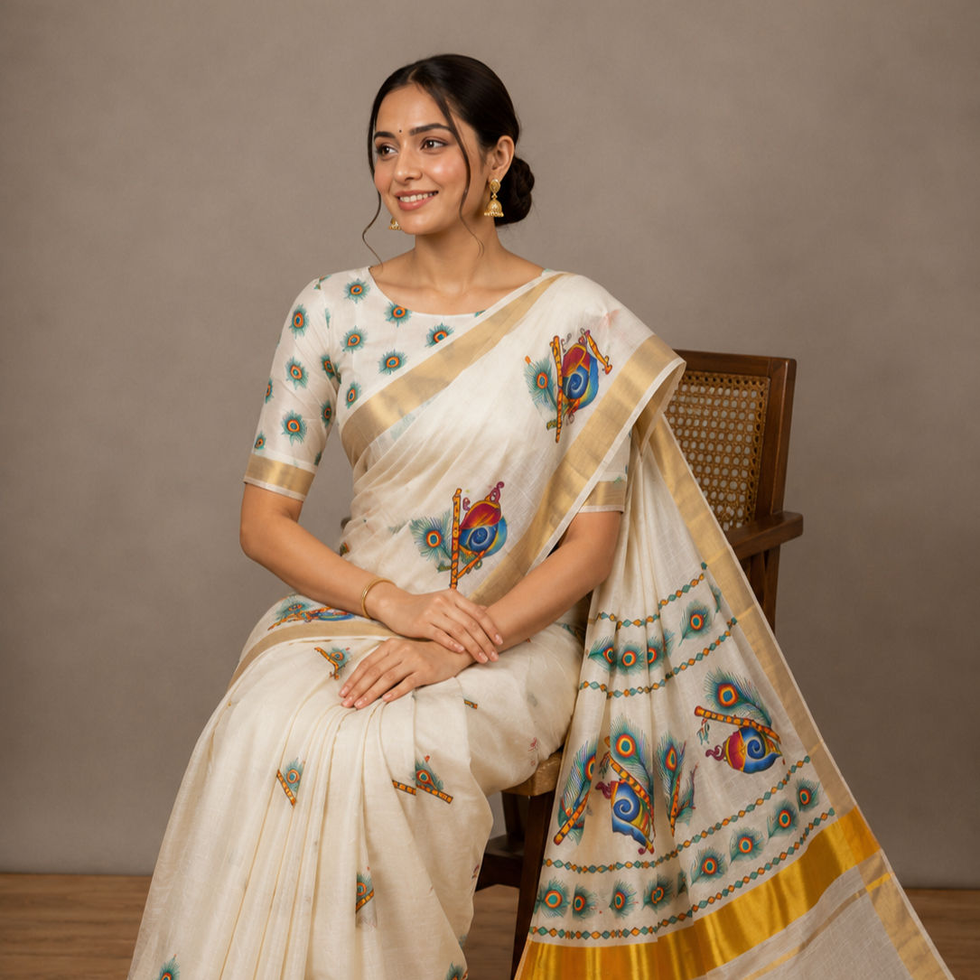 Onam Special Kerala Kasavu Cotton Saree With Flute, Feather, and Shell Motifs
