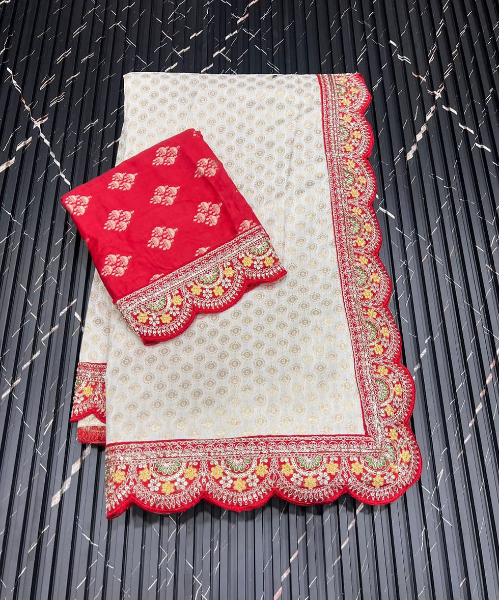 White & Red Dola Silk Ready to Wear Saree For Durga Puja with Grand Lace Border