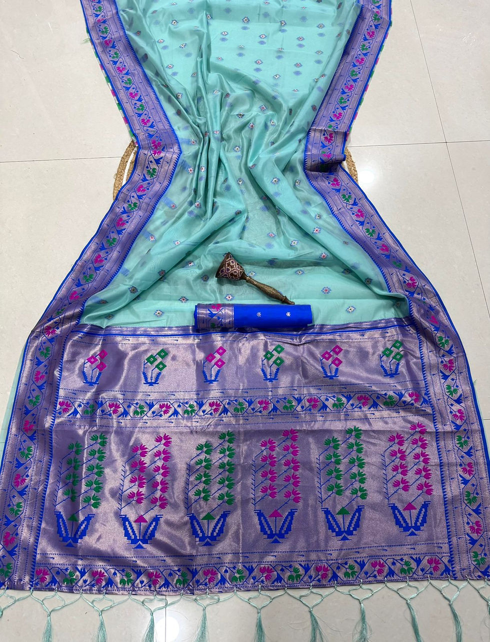 Organza Bamboo Silk Blend Ready to Wear Saree with Meenakari Zari Border, Pallu