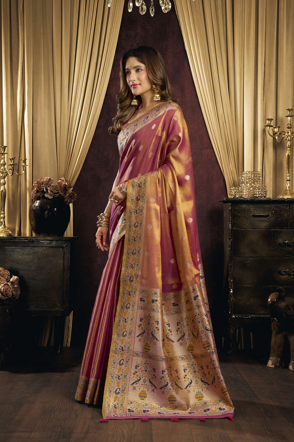 Tissue Silk Ready to Wear Saree in Orange, Pink Shades, Grand Zari Weaving Pallu