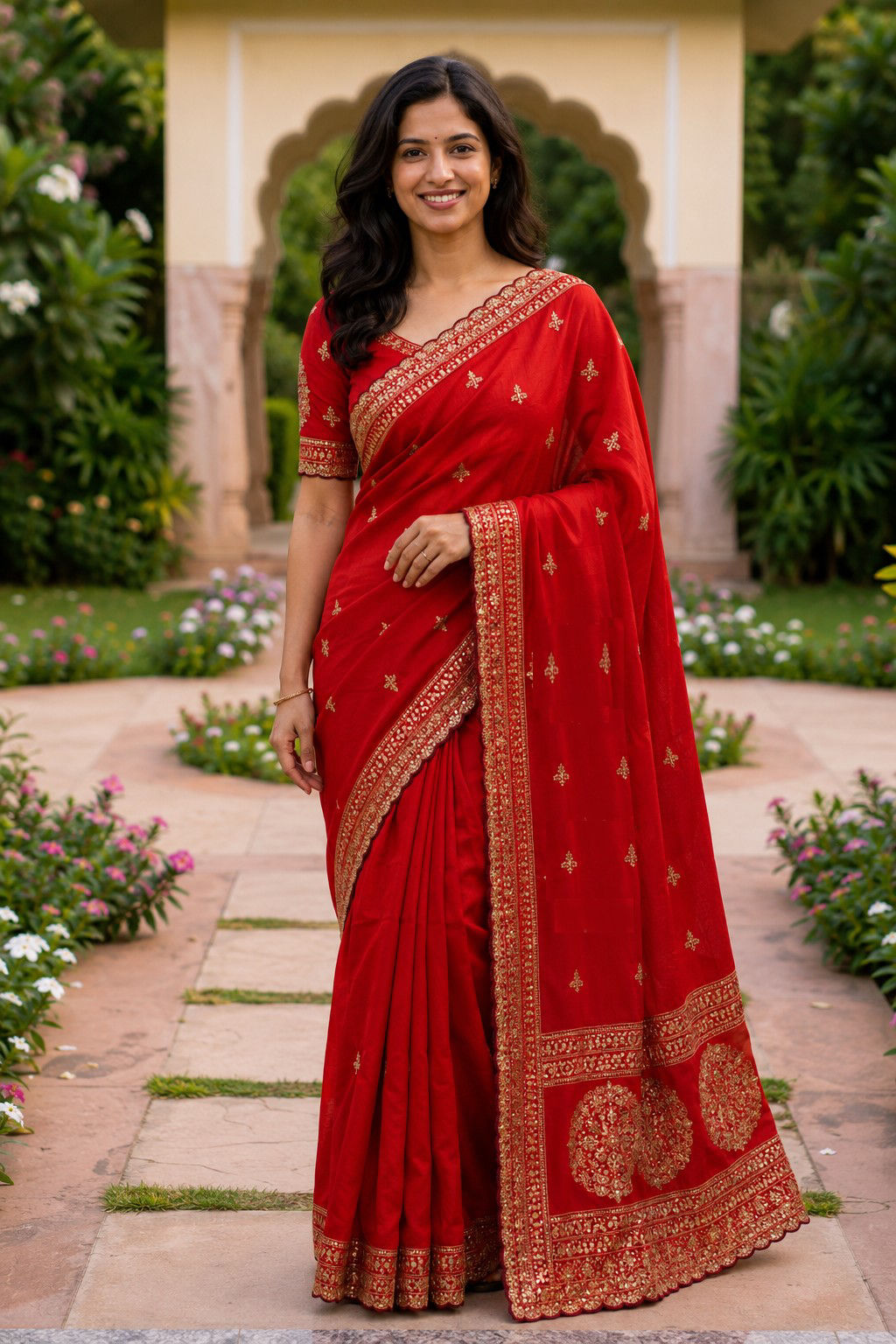 Red Vichitra Silk Ready-to-Wear Saree with Sequin Embroidery Motifs & Border
