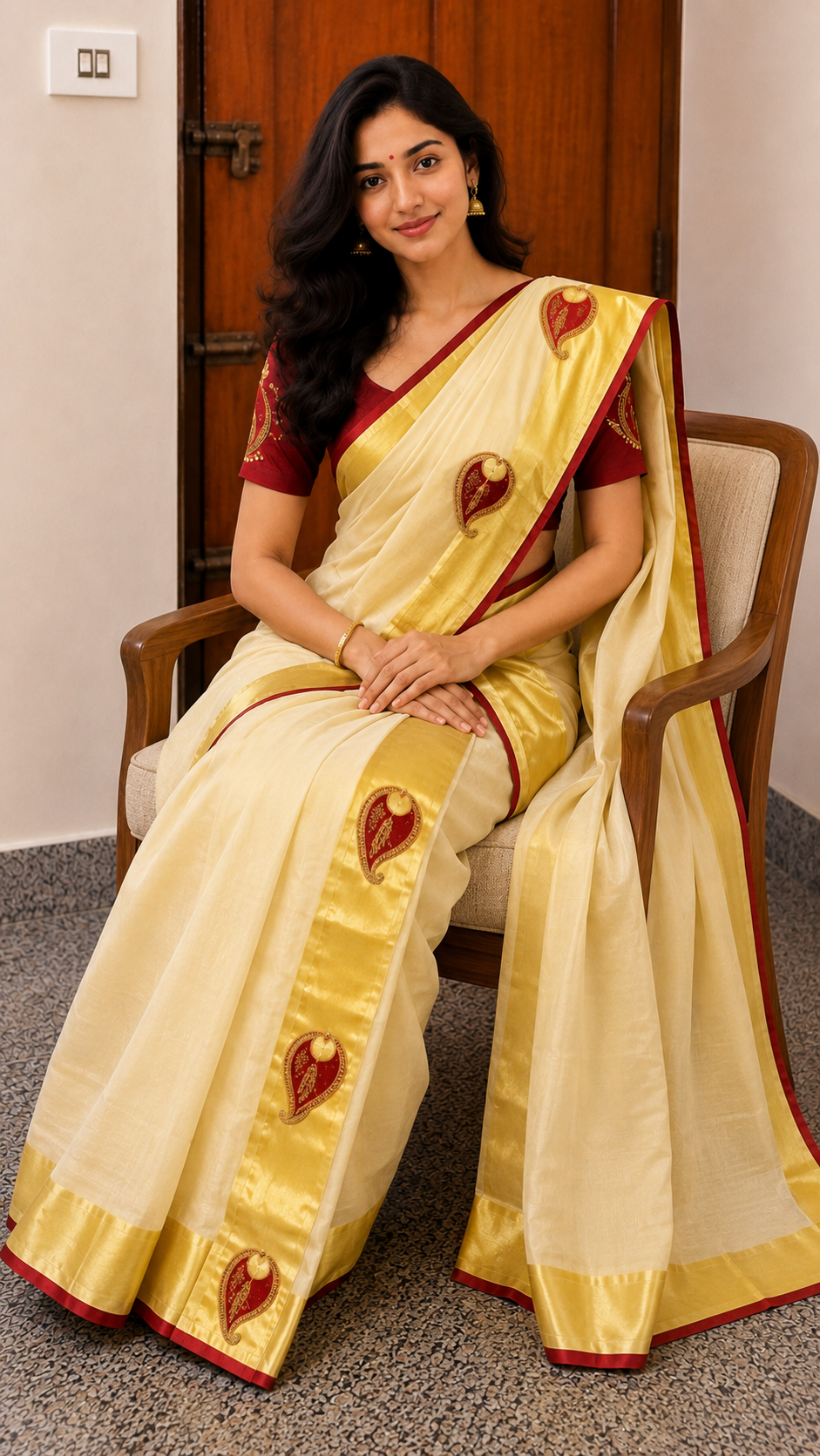 Readymade Set Mundu in Cotton Tissue With Maroon Embroidery Motifs and Contrast