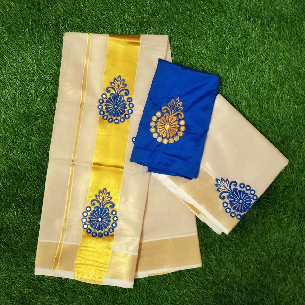 Readymade Set Mundu in Cotton Tissue With Embroidery Motifs and Contrast Blouse