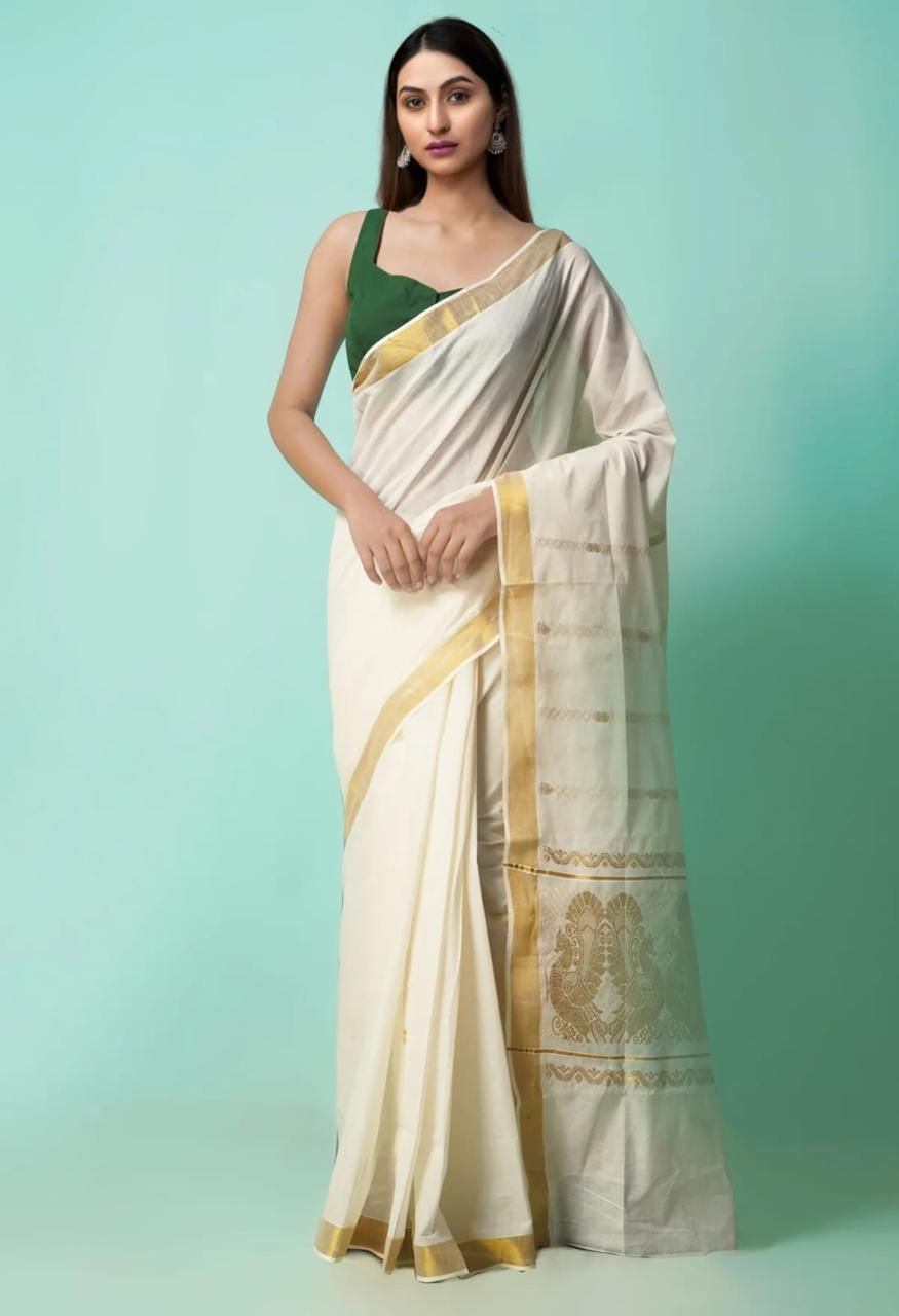 Ready to Wear Saree from Kerala in Pure Cotton, Zari Border and Grand Pallu
