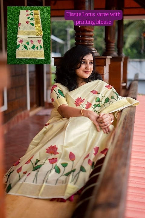 Onam Special Kerala Kasavu Tissue Saree – Floral Design; Kasavu Border