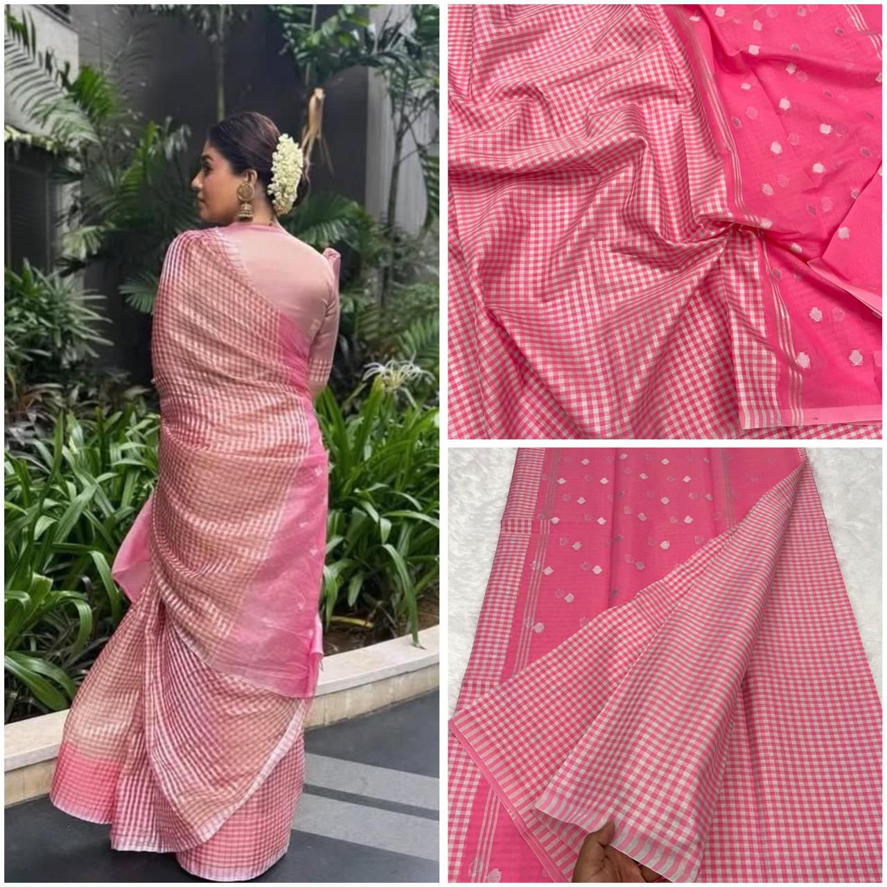 Nayanthara Saree Inspired Banarasi Tissue Ready to Wear Saree in Pink Checks