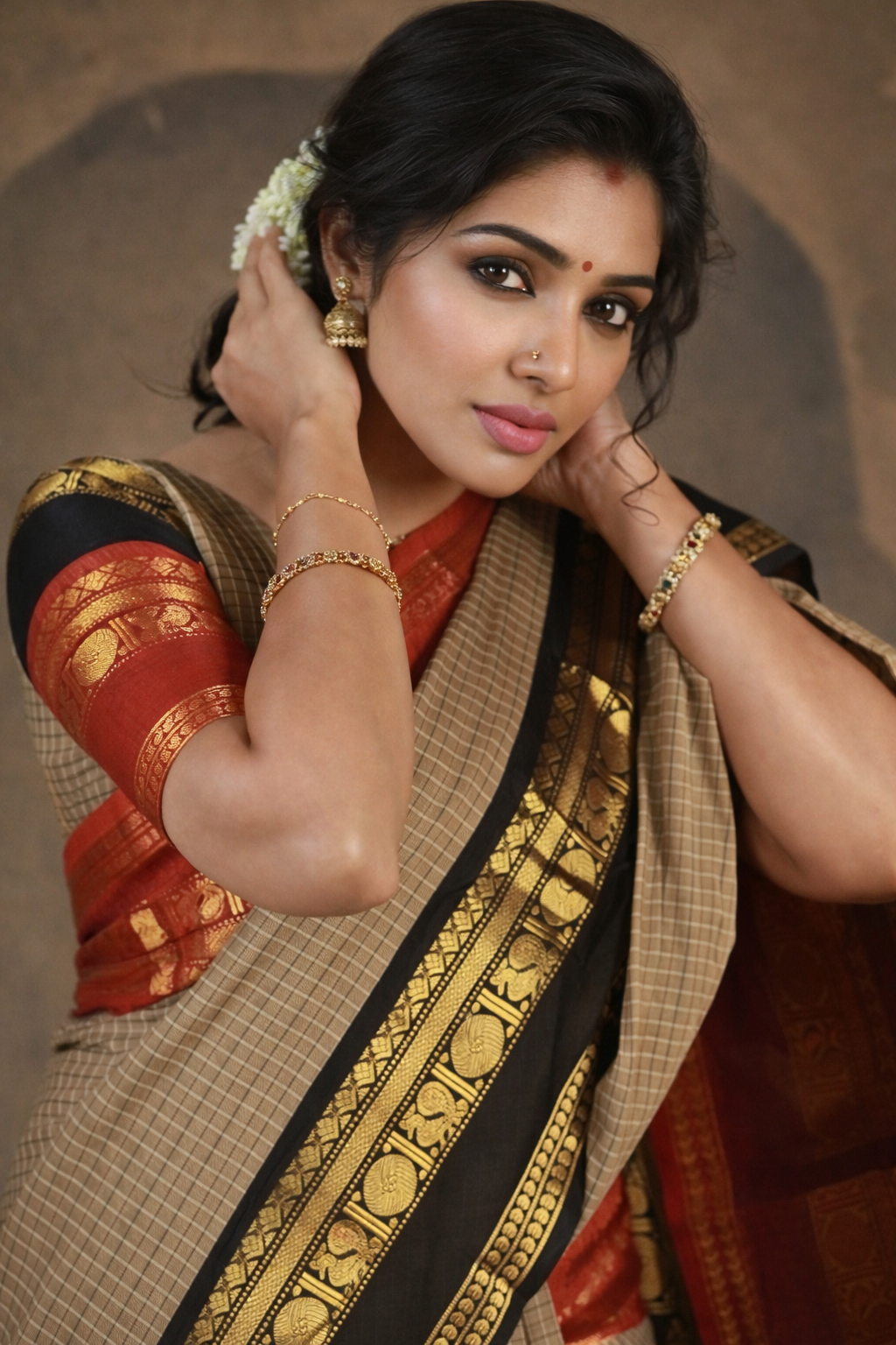 Semi Kanjivaram Silk Ready to Wear Saree with Checks & Ganga Jamuna Zari Border