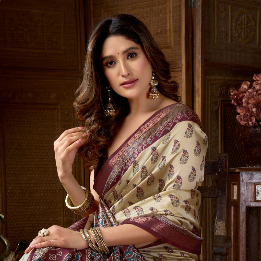 Soft Semi Silk Classic Ajrakh Print Ready-to-Wear Saree with Contrast Blouse