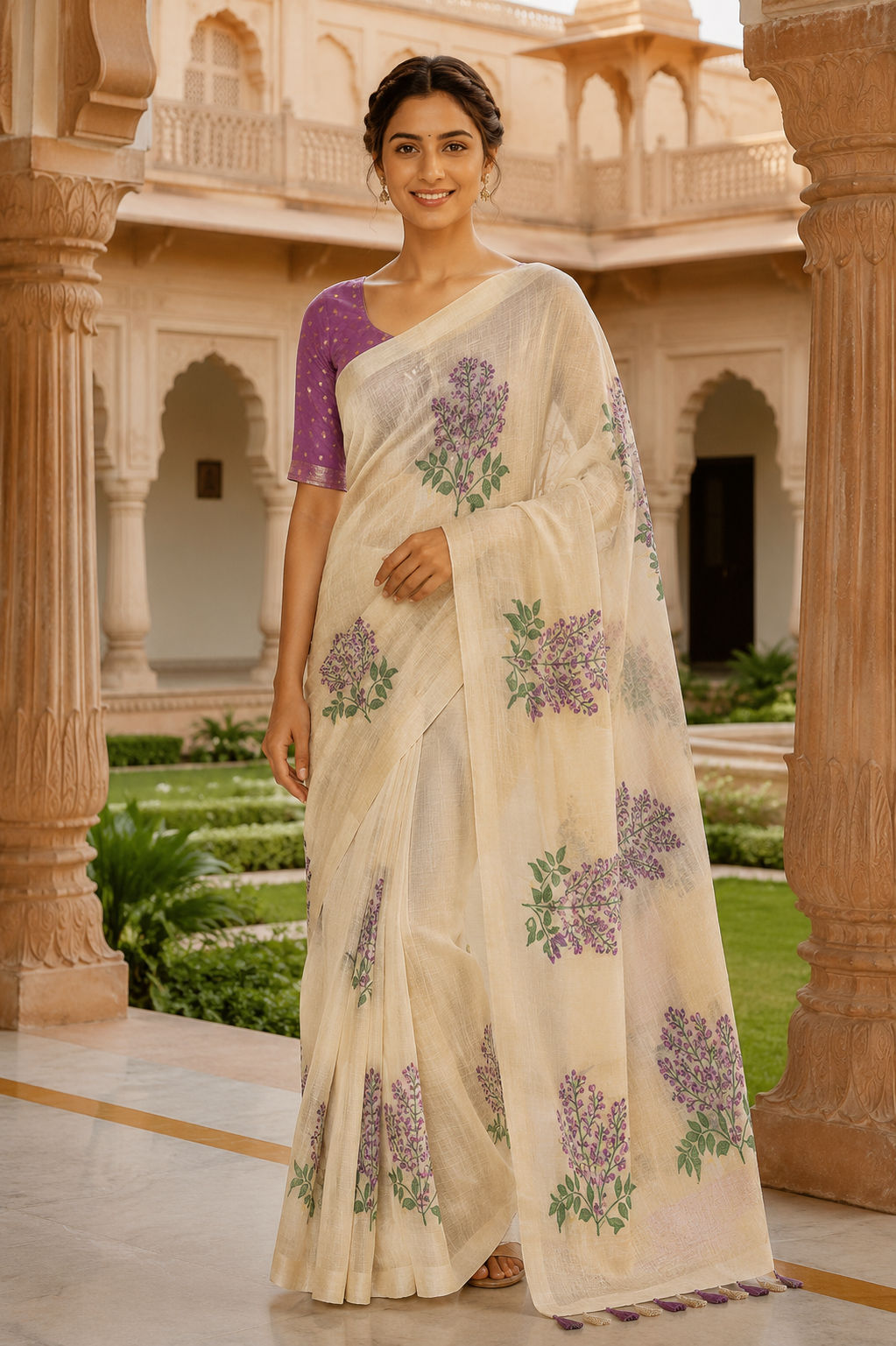 Soft Muga Cotton Ready-to-Wear Saree with Floral Weaving and Contrast Blouse