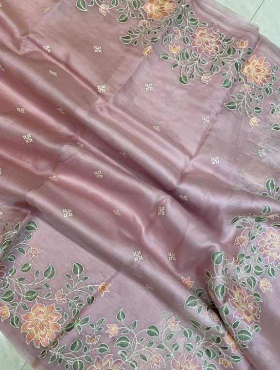 Banaras Organza Silk Ready to Wear Saree with Embroidered Floral Border & Buttis