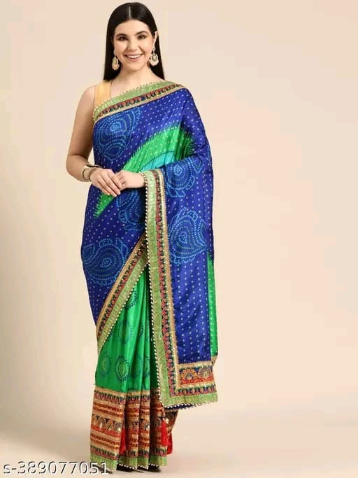 Bandhni Saree in Art Silk, Pre Draped Saree in Double Color With Lace Border