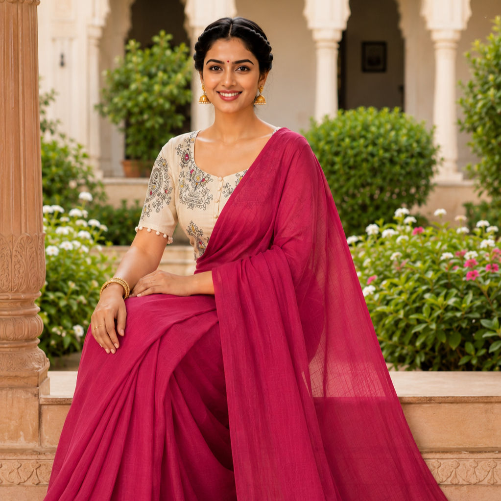 Plain Khadi Cotton Ready-to-Wear Saree with Cotton Off White Blouse With Motifs