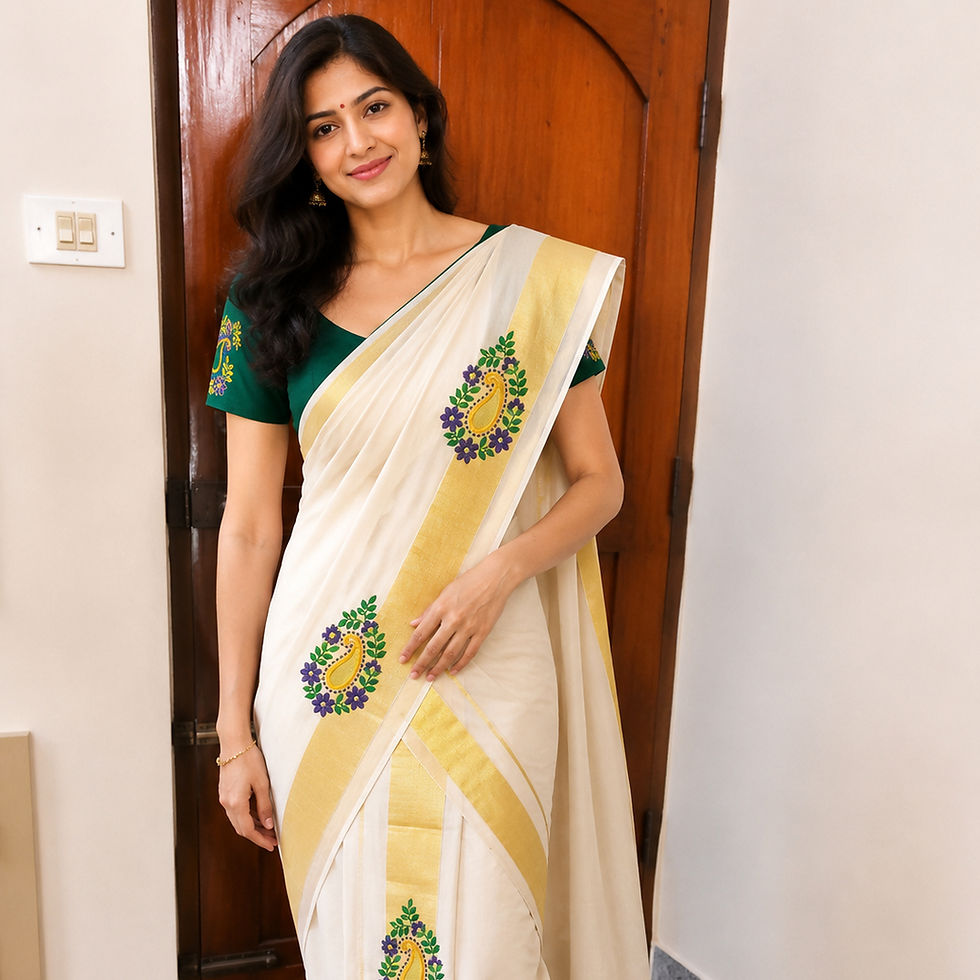 Readymade Set Mundu in Cotton Tissue With Green Embroidery Motifs and Blouse