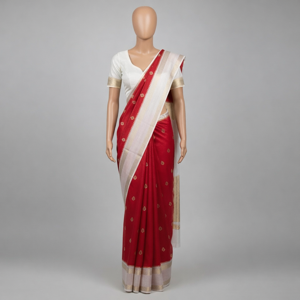 Red Ready to Wear Saree in Banarasi Warm Silk With Zari Butis, White Zari Border