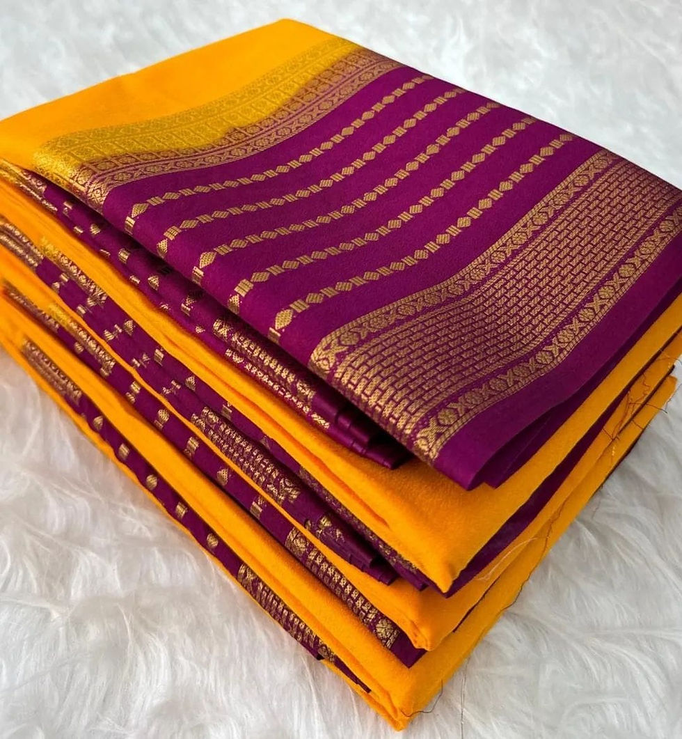 Ready to Wear Semi Mysore Silk Saree – Yellow Orange with Purple Zari Border