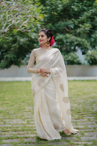 Ready-to-Wear Linen Saree with Zari Border & Printed Design | 1 Minute Saree(HRTW58) main image 0