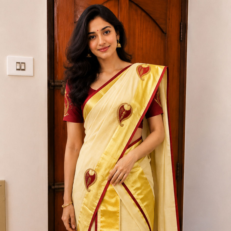 Readymade Set Mundu in Cotton Tissue With Maroon Embroidery Motifs and Contrast