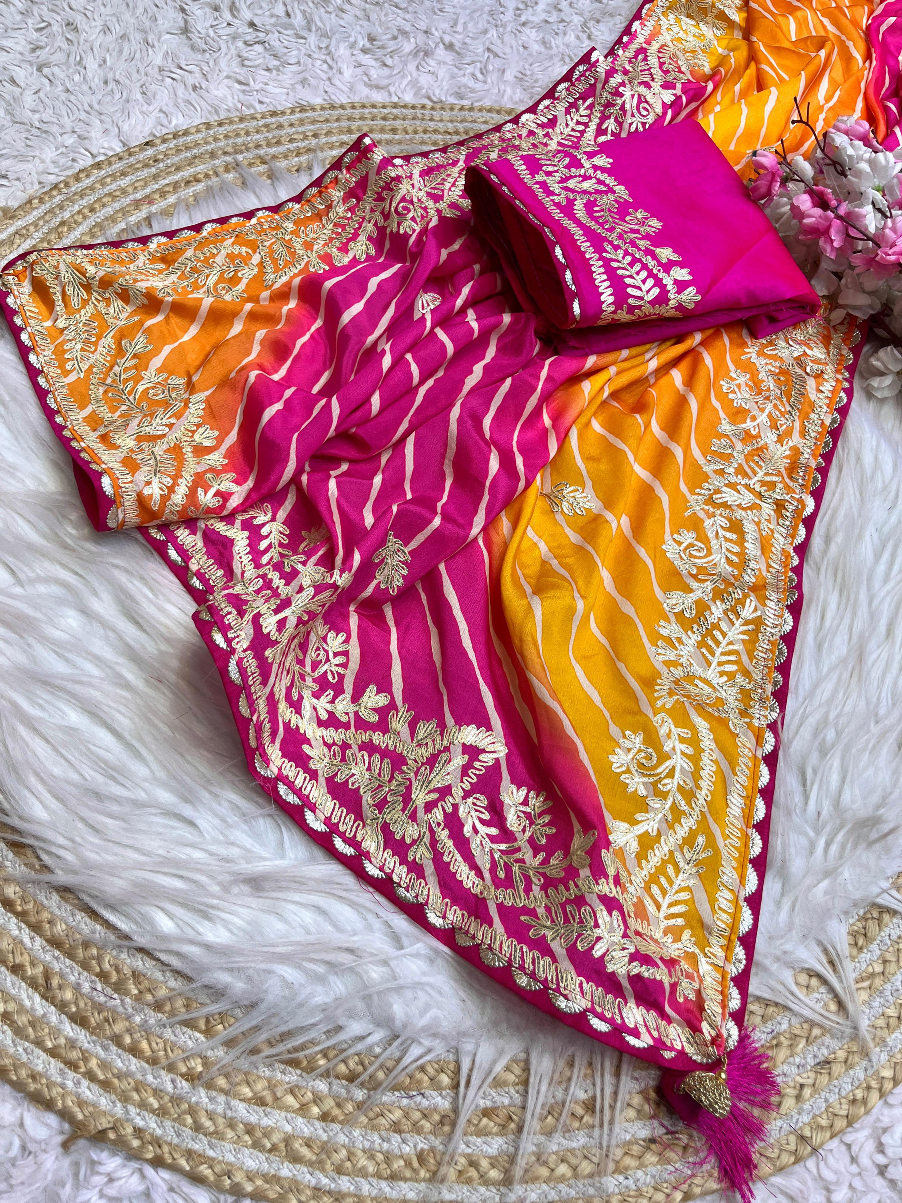 Ready to Wear Chinon Silk Saree – Dual Pink & Yellow with Gota Work Border