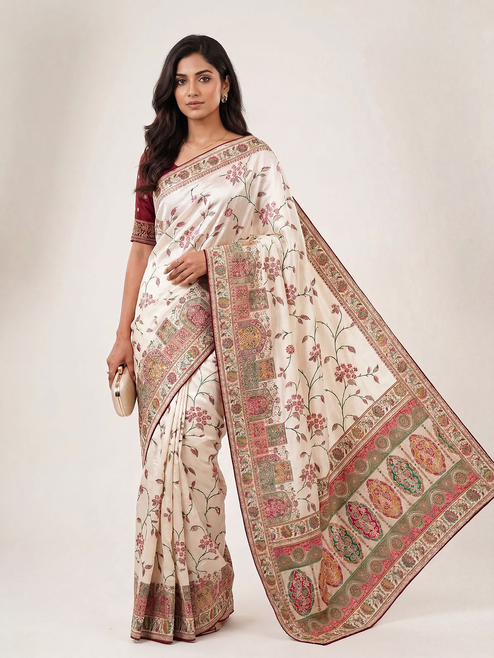 Fine Quality Dola Silk Ready-to-Wear Saree, Pashmina Weaving & Contrast Blouse
