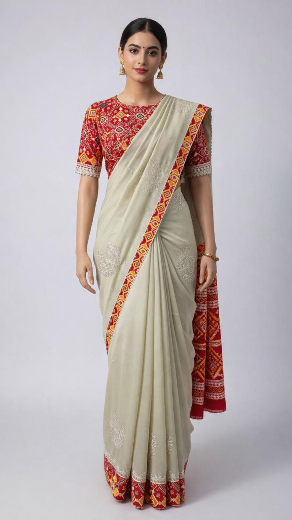 Graceful and vibrant, this soft Rangoli silk ready-to-wear saree features a beautiful light green body adorned with elegant J
