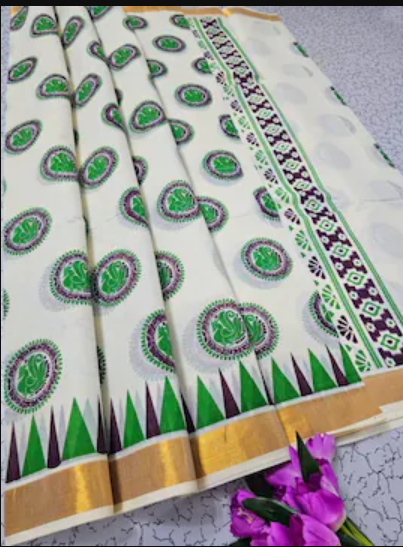 Printed Kerala Kasavu Cotton Ready to Wear Saree With Zari Border