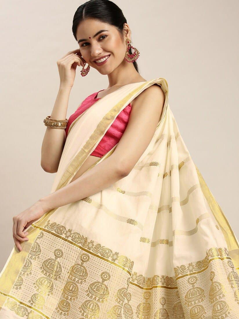 Pallu View Saree from Kerala Ready to Wear in Pure Cotton, Zari Border and Grand Pallu