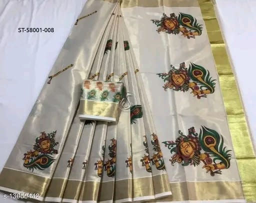 Kasavu Saree Ready to Wear in Pure Tissue With Mural Painting Printed Blouse