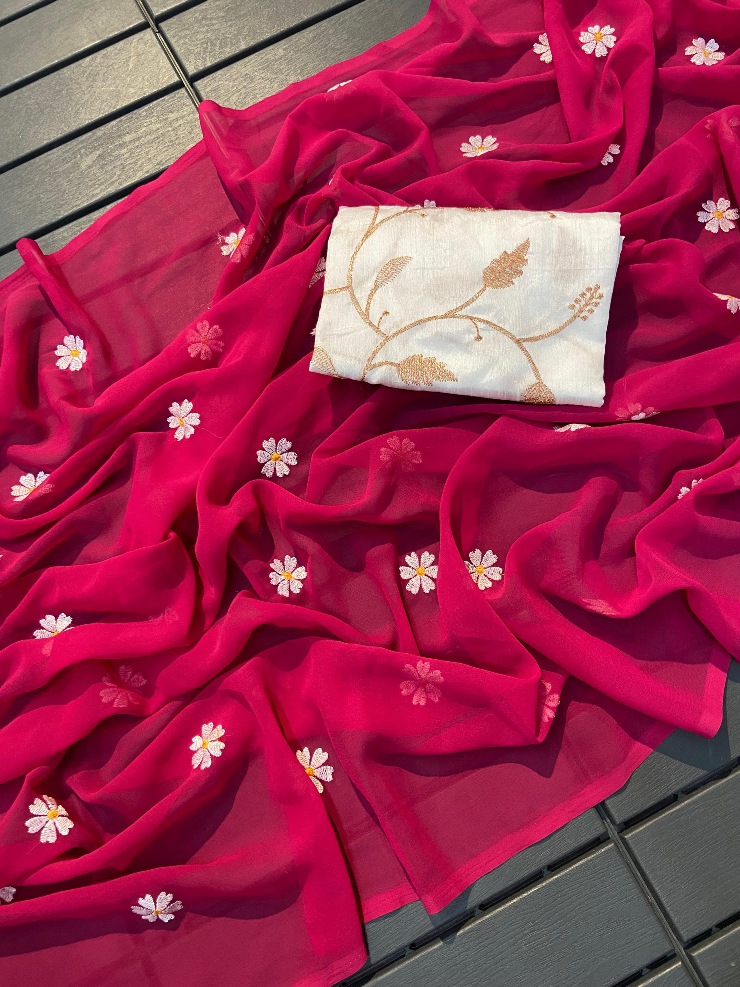 Casual Wear Georgette Saree Ready to with embroidery in pink colour 