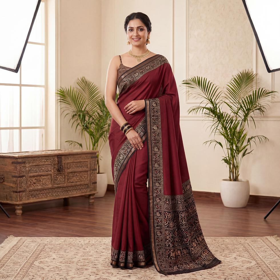 Semi Chinnon Silk Ready-to-Wear Saree, Maroon With Black Printed Border & Pallu