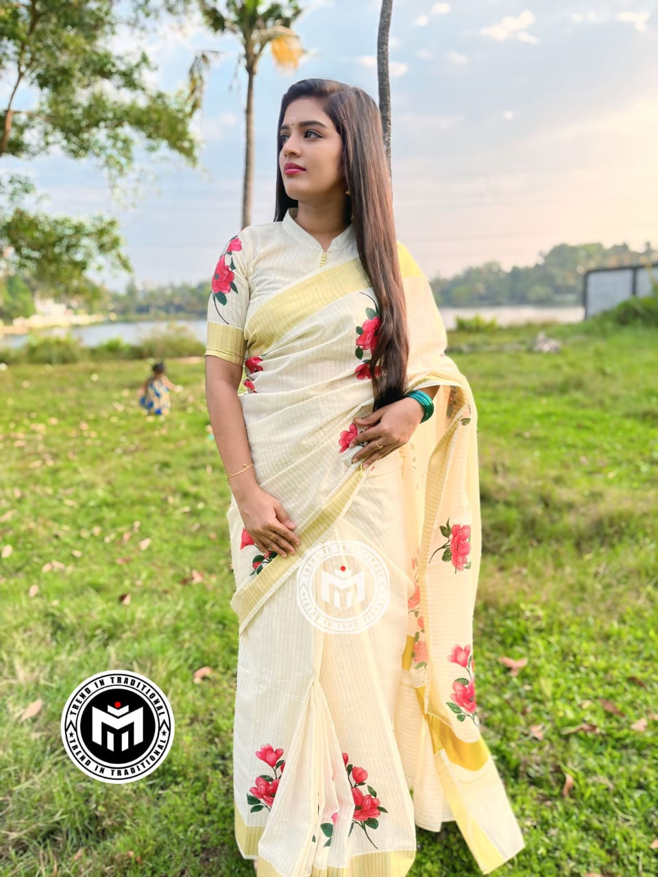 Kerala Kasavu Ready to Wear Cotton Saree with Mural Floral Motifs Zari Border