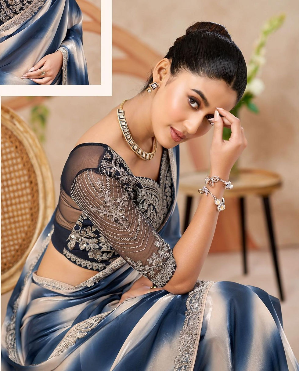 Premium Fendy Silk Ready-to-Wear Saree in Embellished Lace, Designer Blouse