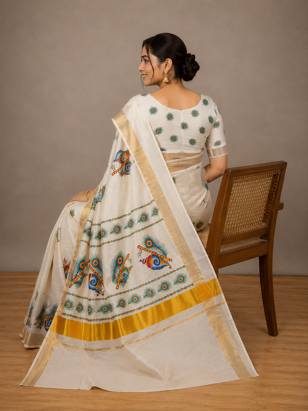 Onam Special Kerala Kasavu Cotton Saree With Flute, Feather, and Shell Motifs