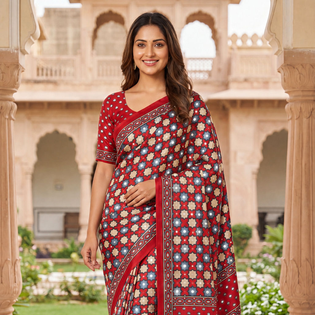 Satin Ready-to-Wear Saree with Ajrakh Print and Mirror Work All Over