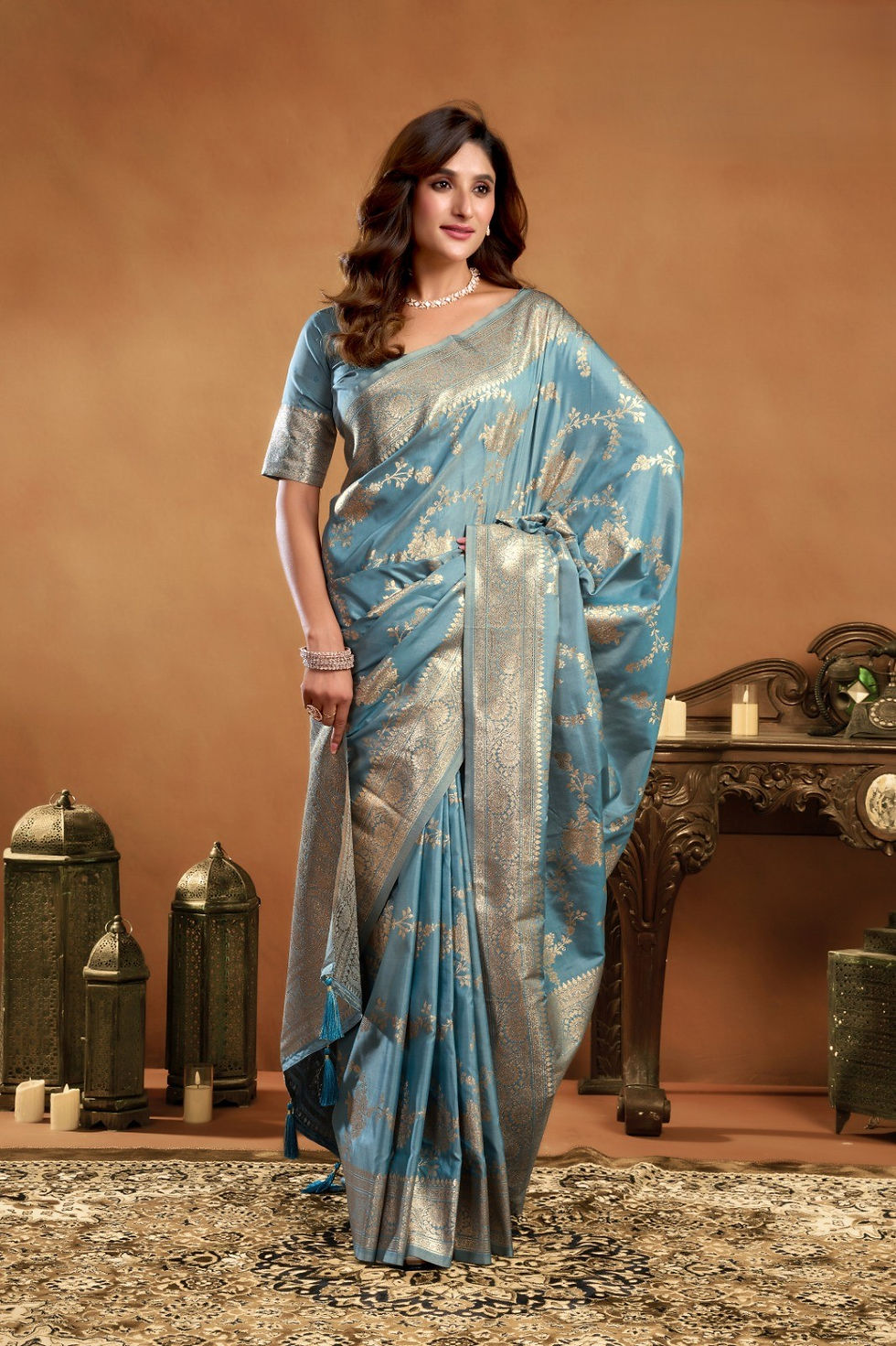 Semi Silk Ready to Wear Saree – Pastel Shades with Silver Zari Weave