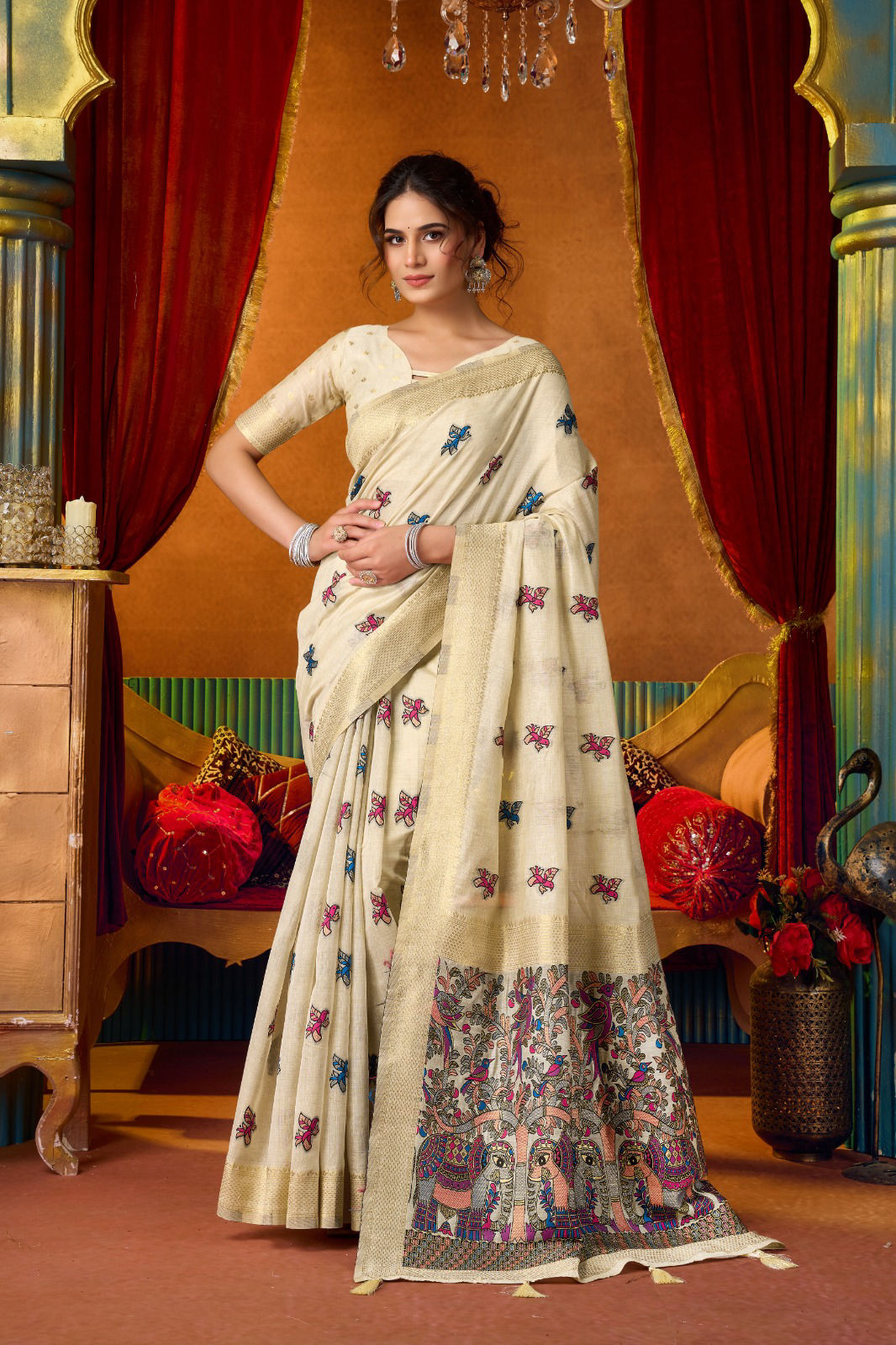Fine Quality Khaddi Cotton Ready-to-Wear Saree, Meenakari Motifs & Zari Pallu