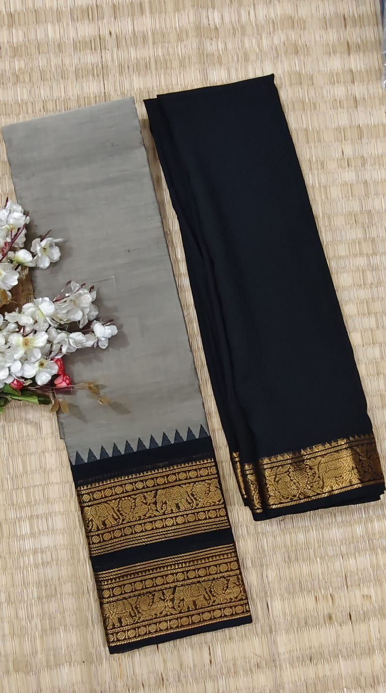 Readymade Half Saree in Pure Chettinad Cotton, Big Zari Border, Georgette Davani