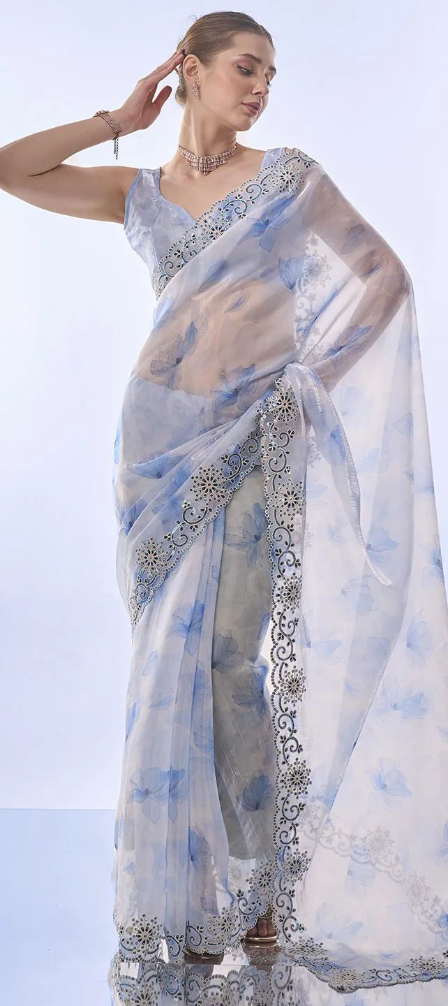 Blue Space Silk Saree with Cording & Sequins Embroidery and Printed Blouse
