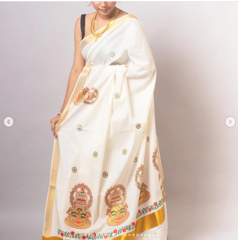 Onam Special Kathakali Face Ready to Wear Cotton Kasavu Saree with Embroidery