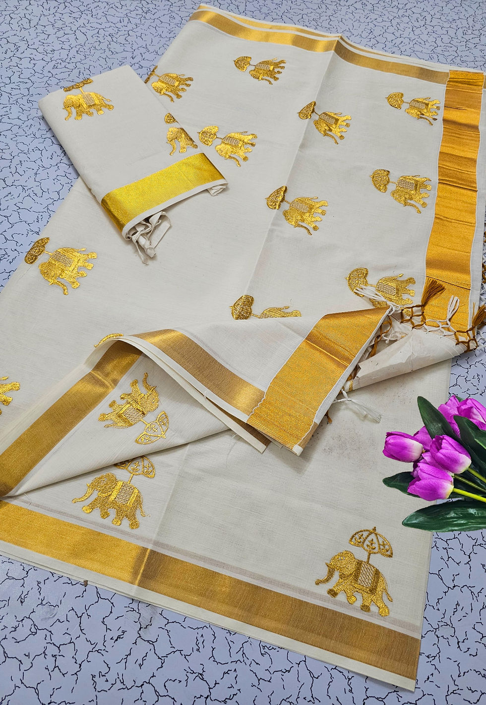 Onam Ready to Wear Saree – Soft Cotton Kasavu with Gold Elephant Embroidery