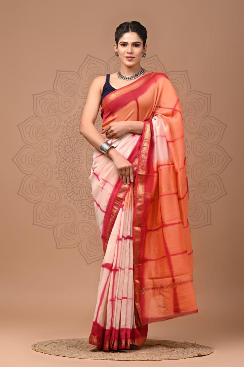 Shibori Tie & Die Maheshwari Silk Ready to Wear Saree With Zari Border
