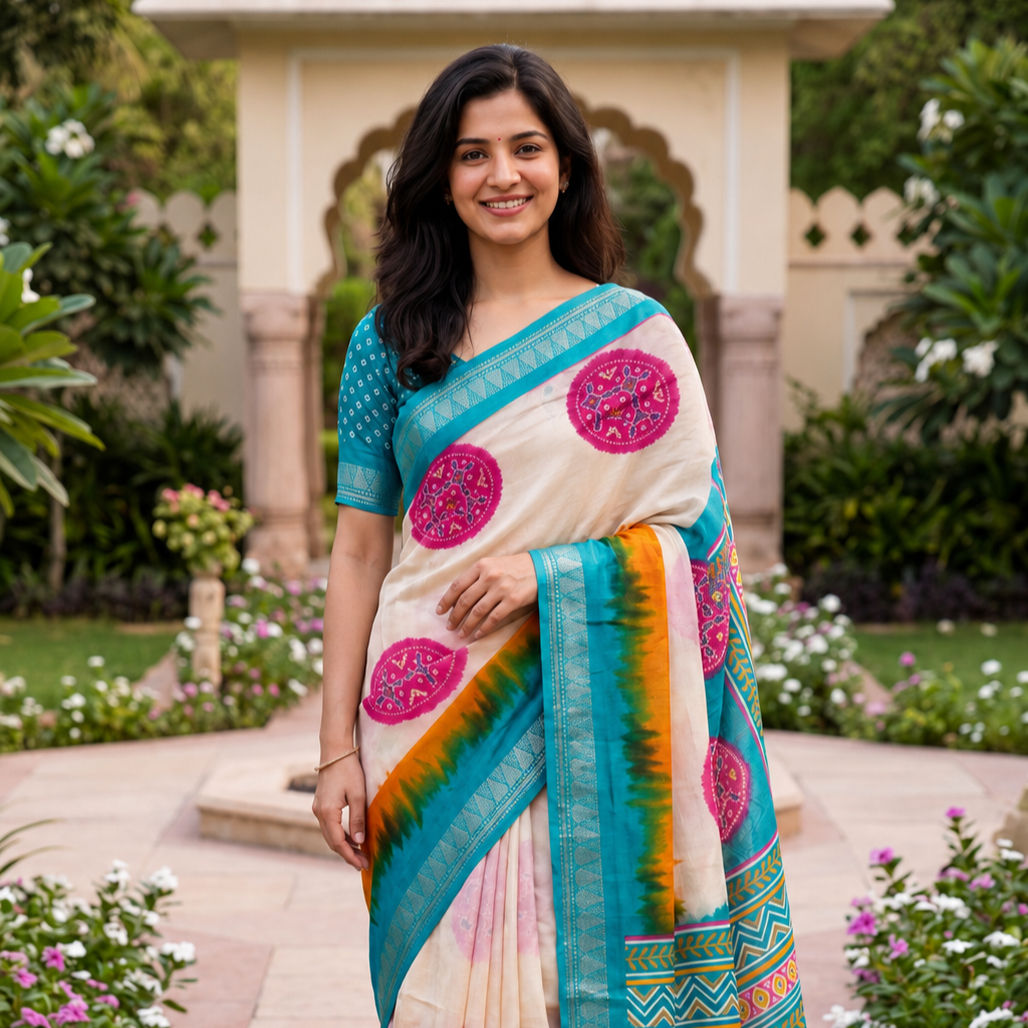 Georgette Silk Blend Ready to Wear Saree With Printed Motifs Zari Border