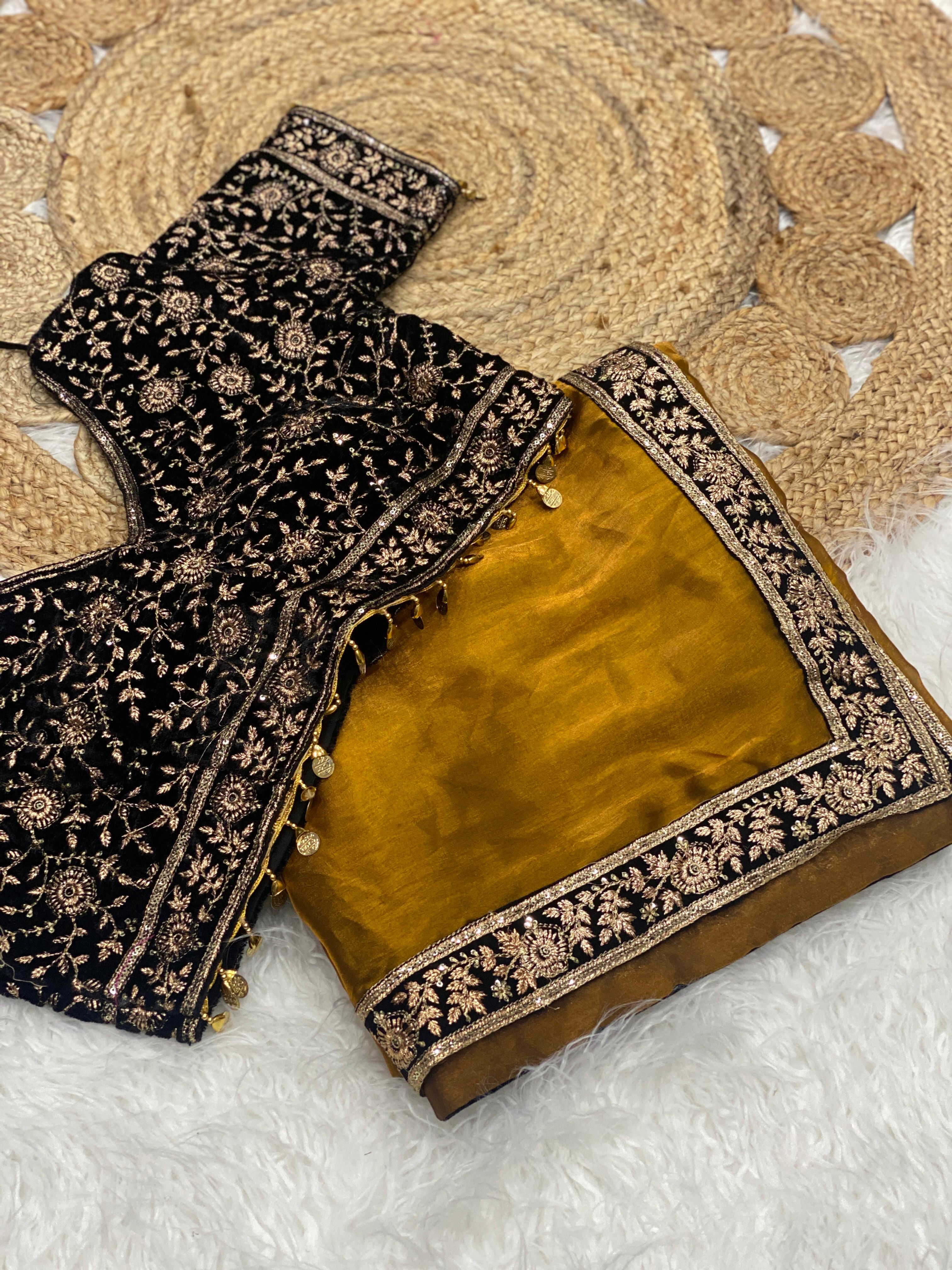 Gold Fendy Satin Ready-to-Wear Saree, Dual-Tone, & Velve Sequin Readymade Blouse