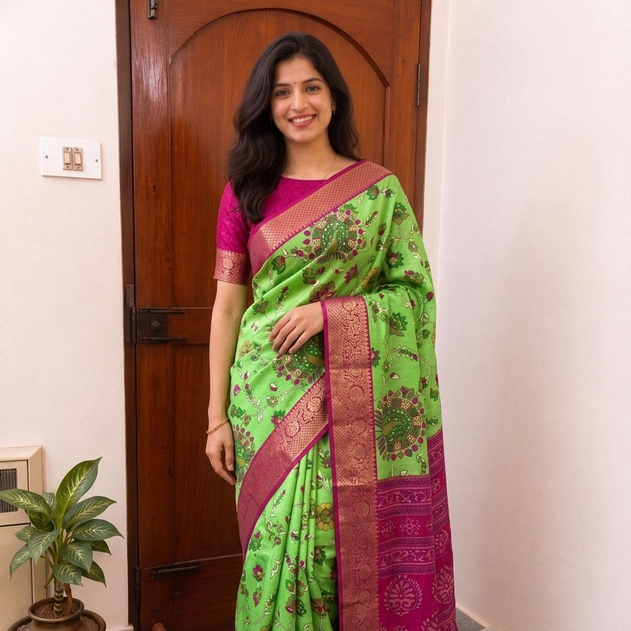 Green Semi Crepe Silk Ready to Wear Saree, Kalamkari Print & Zari Border