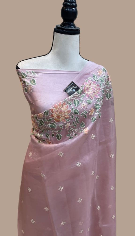 Banaras Organza Silk Ready to Wear Saree with Embroidered Floral Border & Buttis