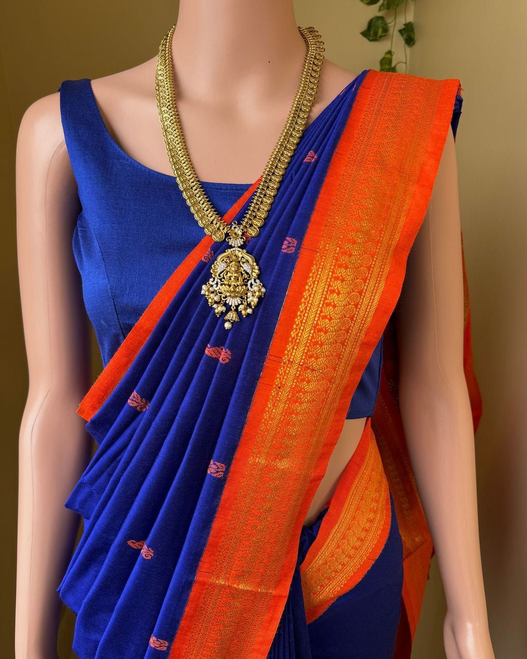 Kalyani Cotton Saree Ready to Wear Blue With Orange Zari Border