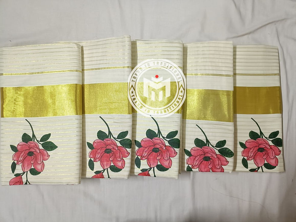 Kerala Kasavu Ready to Wear Cotton Saree with Mural Floral Motifs Zari Border