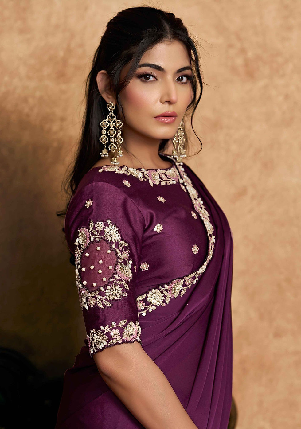 Rich Wine Premium Wedding Ready-to-Wear Saree in Lustrous Satin Silk