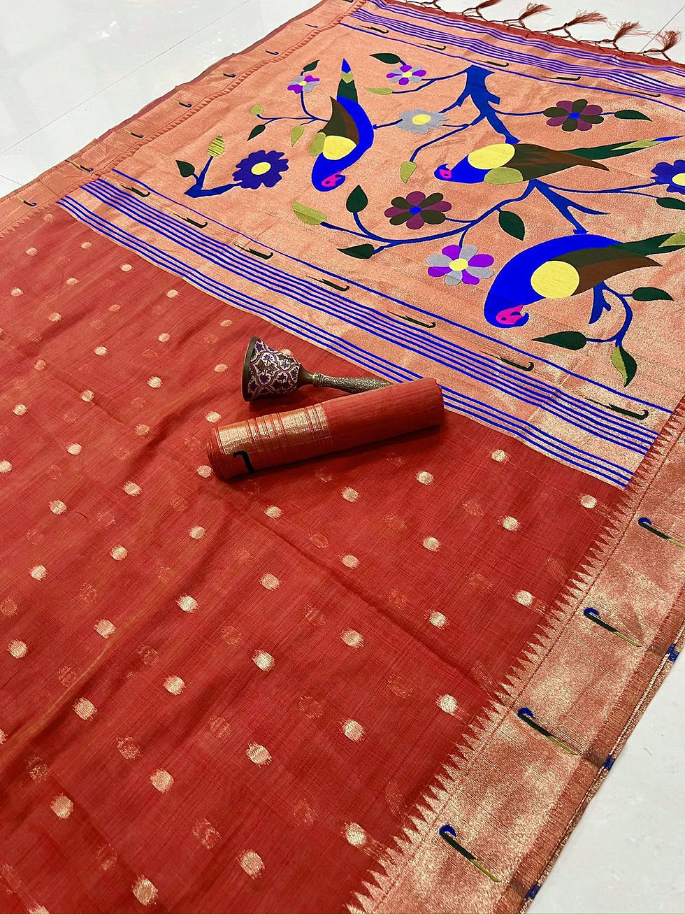 Pure Soft Muga Cotton Ready-to-Wear Saree with Muniya Border & Paithani Pallu