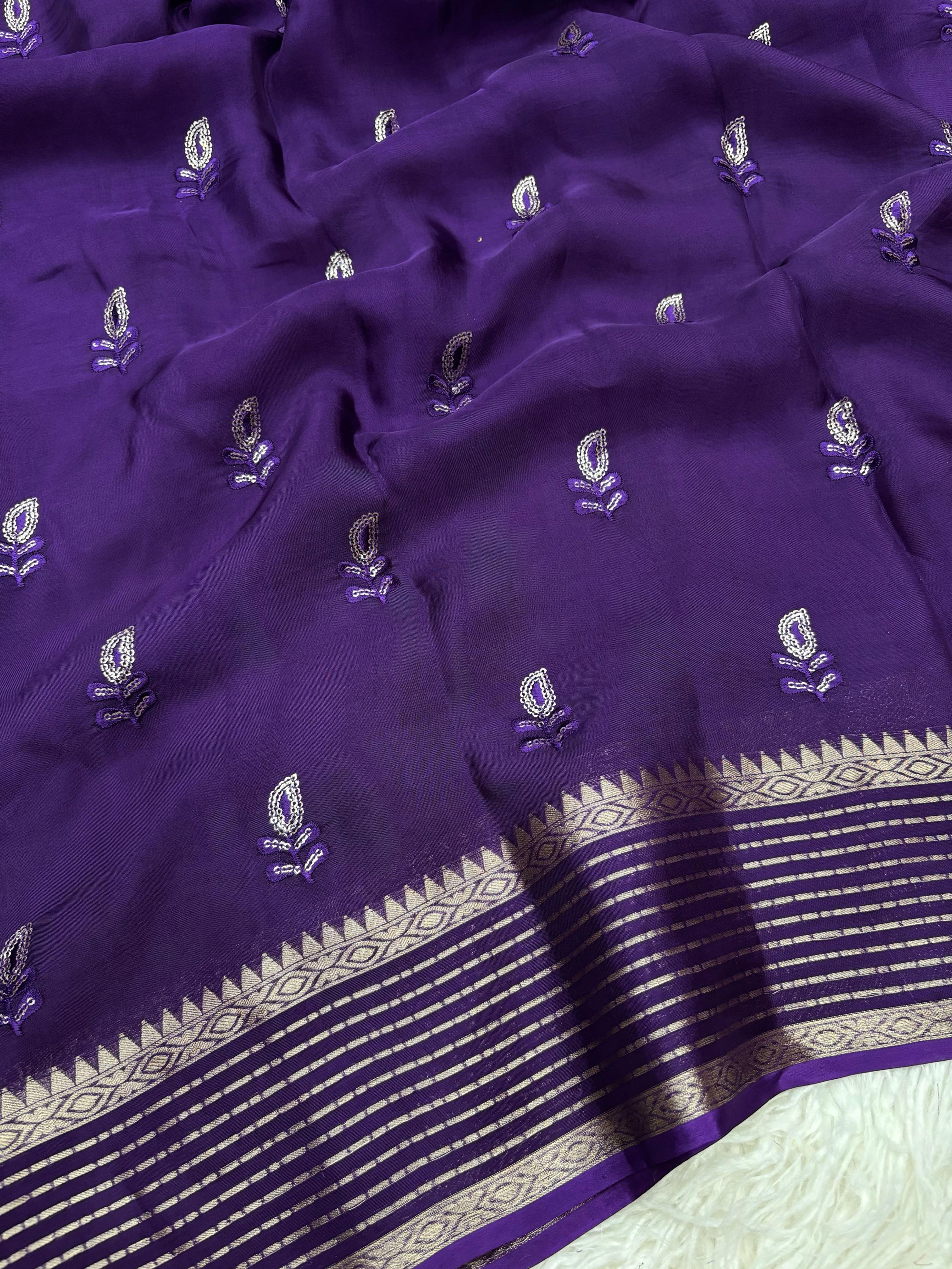 Ready to Wear Crepe Silk Saree with Zari Motifs & Border, Zari Butis Blouse